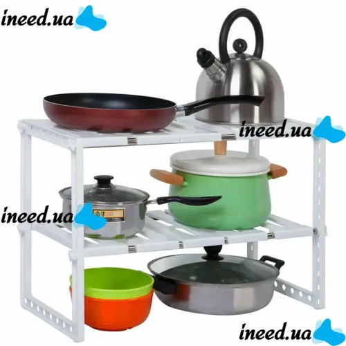 Многофункциональная регулируемая кухонная полка стойка Kitchen Rack 38-70 см для хранения посуды, Раздвижной органайзер под раковину 2 яруса Белая
