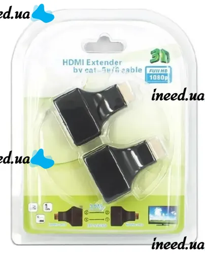 Одноканальний пасивний подвійний перехідник Подовжувач HDMI сигналу-2xRJ45 адаптер Voltronic по UTP кабелю по двом крученим парам до 30м 1080p Чорний