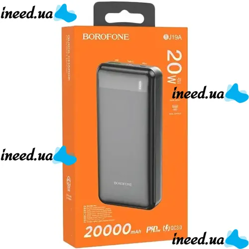 Зовнішній акумулятор повербанк Power Bank Borofone Bj19a 20000mAh PD20W + QC3.0 з швидкою зарядкою, портативний зарядний пристрій батарея 2 виходи