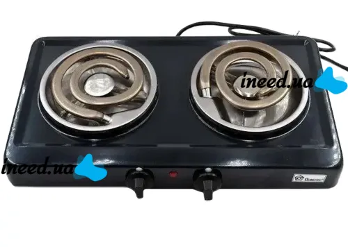 Настольная спиральная электрическая плита на две конфорки Domotec MS-5532 1000W, Двухконфорочная электроплита с широкой спиралью и термостатом Черный