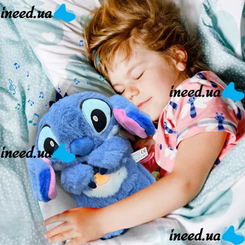 Інтерактивна м'яка іграшка дихаючий стіч Stich 30 см, Музичний плюшевий нічник стіч з ефектом дихання на батарейках для новонароджених дітей