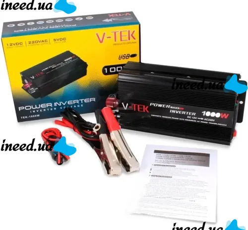 Автомобильный инвертор V-TEK PowerMaxx SSK-1000W 12V-220V, Авто преобразователь напряжения тока 12В 1000Вт от прикуривателя и аккумулятора Черный