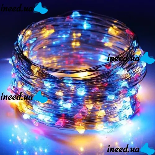 Уличная светодиодная гирлянда Solar String Lights 12 метров 100 LED RGB диодов с солнечной панелью, Водонепроницаемая Роса с пультом Мультицветная