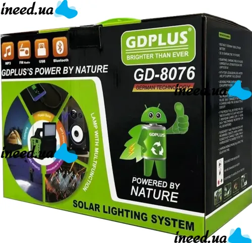 Автономна сонячна станція GDPlus GD-8076 ліхтар колонка з функцією Power Bank, Bluetooth, FM радіо, MP3 і 4 LED лампочки з сонячною панеллю
