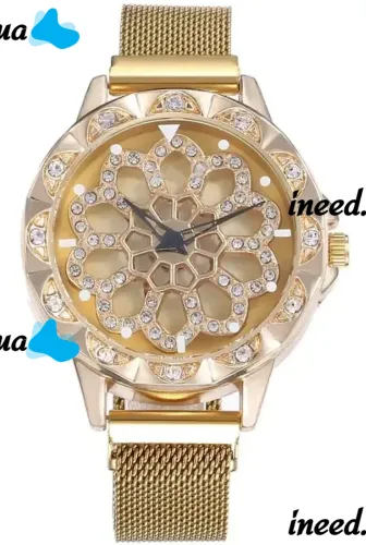 Жіночий наручний годинник Flower Diamond Rotation Watch Gold WJ-8052 з обертовим роторним циферблатом і ремінцем на магнітній застібці Золото