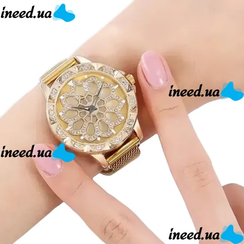 Жіночий наручний годинник Flower Diamond Rotation Watch Gold WJ-8052 з обертовим роторним циферблатом і ремінцем на магнітній застібці Золото