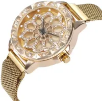Жіночий наручний годинник Flower Diamond Rotation Watch Gold WJ-8052 з обертовим роторним циферблатом і ремінцем на магнітній застібці Золото