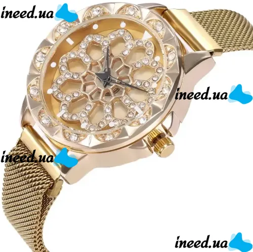 Жіночий наручний годинник Flower Diamond Rotation Watch Gold WJ-8052 з обертовим роторним циферблатом і ремінцем на магнітній застібці Золото