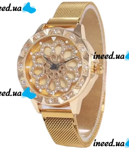 Жіночий наручний годинник Flower Diamond Rotation Watch Gold WJ-8052 з обертовим роторним циферблатом і ремінцем на магнітній застібці Золото