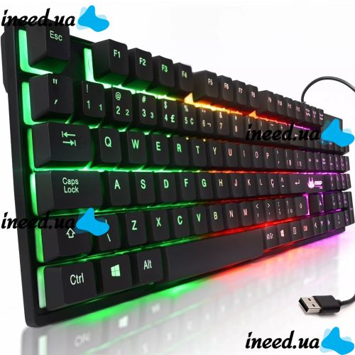 USB дротова геймерська комп'ютерна клавіатура Landslides KR - 6300 з RGB Led підсвічуванням ATLANFA AT-6300, повнорозмірна мембранна Чорна