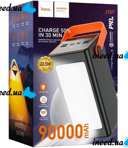 Portable Power Bank HOCO J107 90000 mAh 22.5W Flashlight External Battery Charger HOCO 4USB 1TYPE-C POVBANK 4USB 1TYPE-C for charging Black