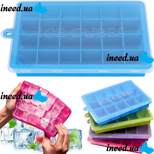 Силіконова багаторазова форма Silicone Ice Cubes Make для заморозки льоду і шоколаду з кришкою на 24 осередки, Лоток піднос для зберігання льоду 24 кубика