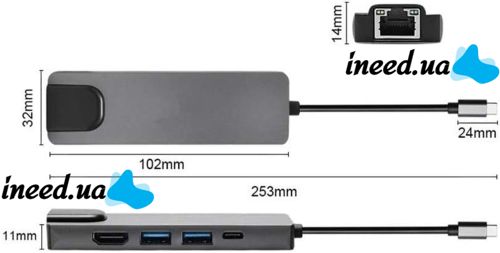 Мультифункціональний USB-хаб HOCO AC-500 Type-C на RJ45, HDMI, 2xUSB 3.0 адаптер, Ethernet LAN інтернет перехідник, конвертер XoKo HUB