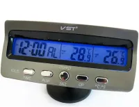 Автомобільний Годинник VST-7045 з термометром і вольтметром в салон автомобіля з синім LED підсвічуванням, Автогодини від батарейок і прикурювача в машину