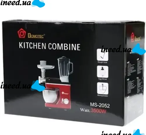 Stationary planetary harvester dough mixer Domotec MS-2052 with a metal bowl for 4 liters 3500W, Kitchen mixer meat grinder blender with nozzles Red