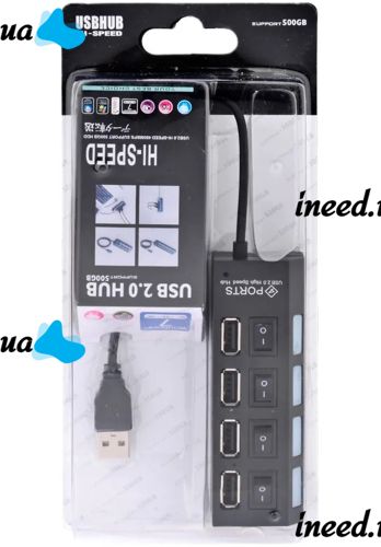 USB хаб Memos на 4 порти з перемикачами Black, живлення від USB 2.0 розгалужувач з кнопками on off концентратор перехідник HUB 480 Мбіт 5В Чорний