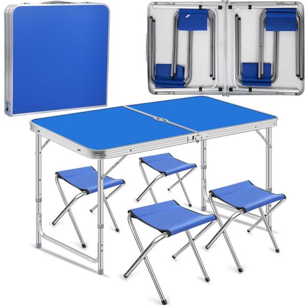 Aluminum Folding Picnic Table with Set with 4 Chairs Premier PR-FX8812 Blue Camping Folding Table Suitcase Folding Table