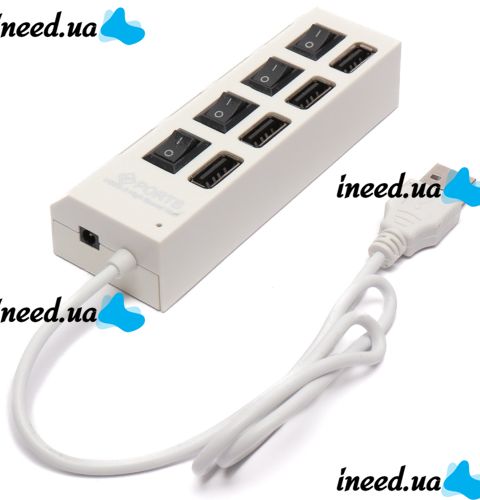 USB хаб Memos на 4 порти з перемикачами White, живлення від USB 2.0 розгалужувач з кнопками on off концентратор перехідник HUB 480 Мбіт 5В Білий