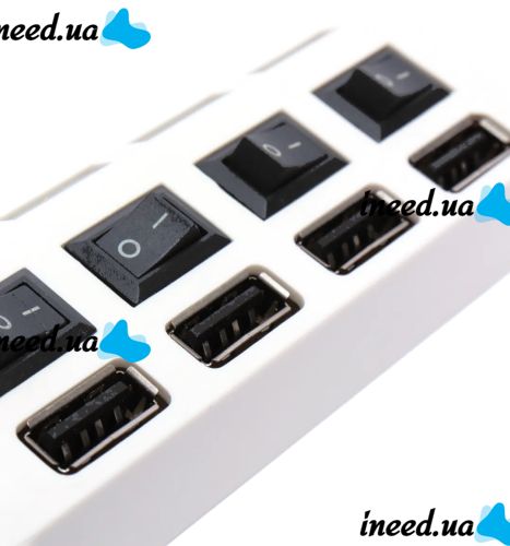 USB хаб Memos на 4 порти з перемикачами White, живлення від USB 2.0 розгалужувач з кнопками on off концентратор перехідник HUB 480 Мбіт 5В Білий