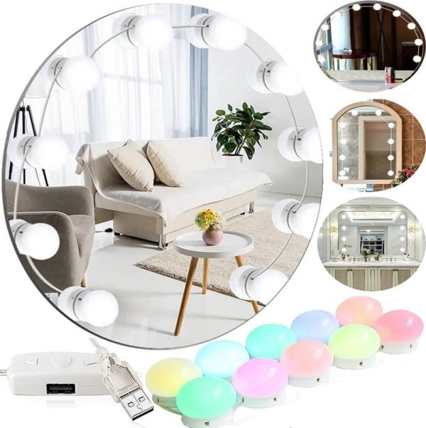 LED Color RGB LED Backlight for Vanity Mirror Lights 10 Lamps Set of Mirror Bulbs with Remote Control and Color Adjustment
