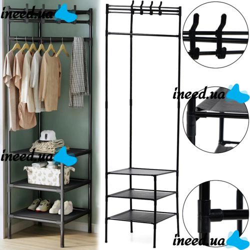 Кутова вішалка для одягу та взуття Corner Coat Rack YP301 вертикальна стійка з гачками TM2 - 202 для зберігання речей на три полиці 185х40 см TM3-303 Black