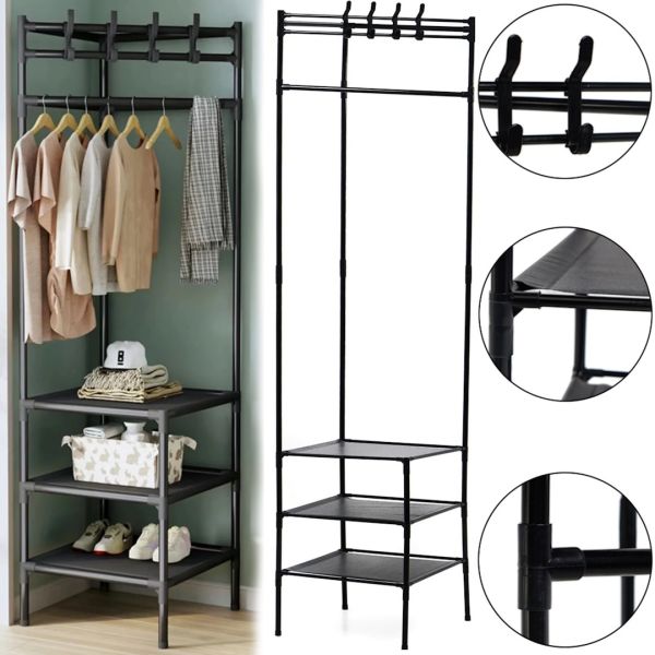 Угловая вешалка для одежды и обуви Corner Coat Rack YP301 вертикальная стойка с крючками TM2-202 для хранения вещей на три полки 185х40 см TM3-303 Black
