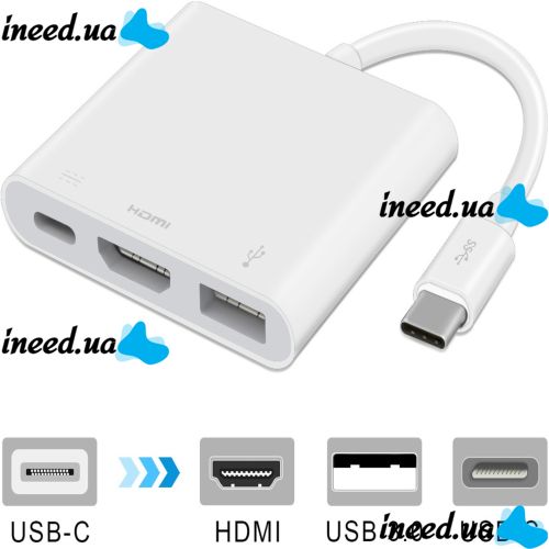 Кабель, адаптер, конвертер Buro Type-C на HDMI, USB 3.0, Type C, 3 в 1 концентратор для устройств с Type с портом, Переходник hub разветвитель белый