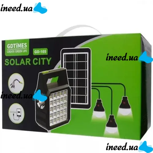 Автономная солнечная зарядная станция Solar GDlite GD-105 Power Bank с солнечной панелью и 3 LED лампочки, Прожектор фонарь с функцией повербанка