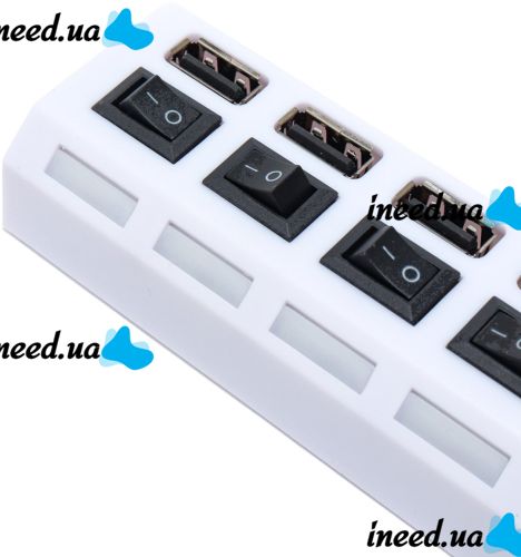 USB хаб Memos на 4 порти з перемикачами White, живлення від USB 2.0 розгалужувач з кнопками on off концентратор перехідник HUB 480 Мбіт 5В Білий