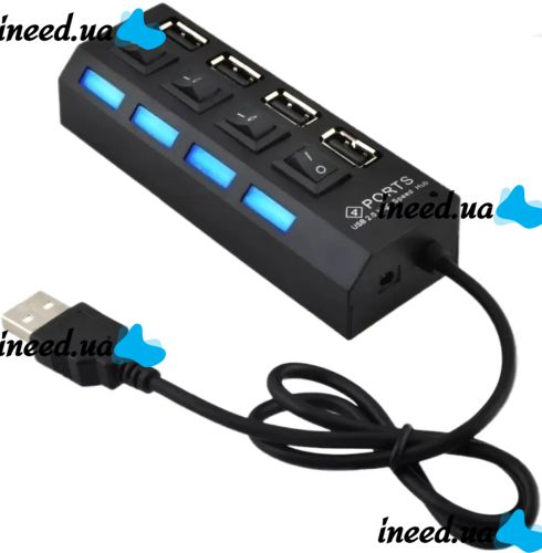 USB хаб Memos на 4 порти з перемикачами Black, живлення від USB 2.0 розгалужувач з кнопками on off концентратор перехідник HUB 480 Мбіт 5В Чорний