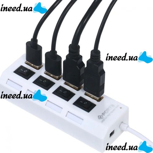 USB хаб Memos на 4 порти з перемикачами White, живлення від USB 2.0 розгалужувач з кнопками on off концентратор перехідник HUB 480 Мбіт 5В Білий