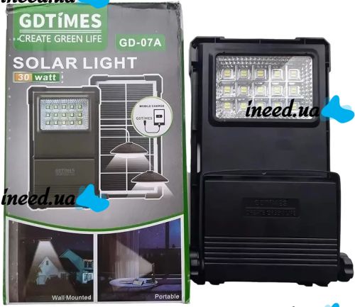 Портативна сонячна зарядна станція Gdlite GD-07А акумуляторний світлодіодний ліхтар повербанк з лампочками, сонячною панеллю Power Bank USB 30W