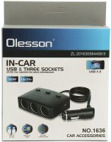 Автомобільний розгалужувач прикурювача Olesson 1636 на 3 гнізда з USB 2А для авто, трійник з кнопкою індикатором і кабелем в машину 12-24V Чорний