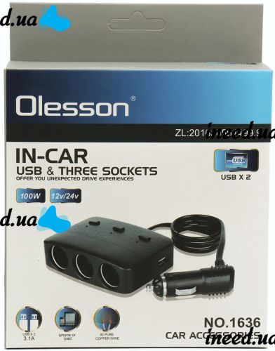 Автомобільний розгалужувач прикурювача Olesson 1636 на 3 гнізда з USB 2А для авто, трійник з кнопкою індикатором і кабелем в машину 12-24V Чорний