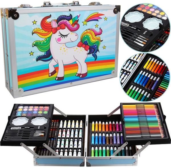 Children's art set for drawing and creativity Unicorn 145 items in a folding suitcase, a set of pencils and paints in a Blue case 