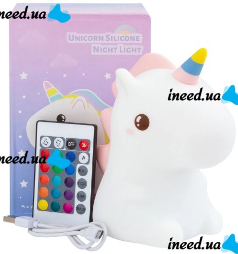 Детский силиконовый ночник Единорог Unicorn Silicone Night Light HQ8686 сенсорный светильник на аккумуляторе с RGB подсветкой и пультом USB