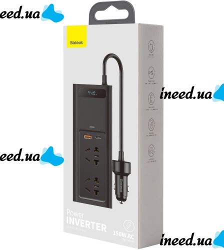 Автомобільний перетворювач напруги з 12V на 220v Baseus RNBQ-A01 150W інвертор з швидкою зарядкою CN EU 2 розетки type-C USB від прикурювача
