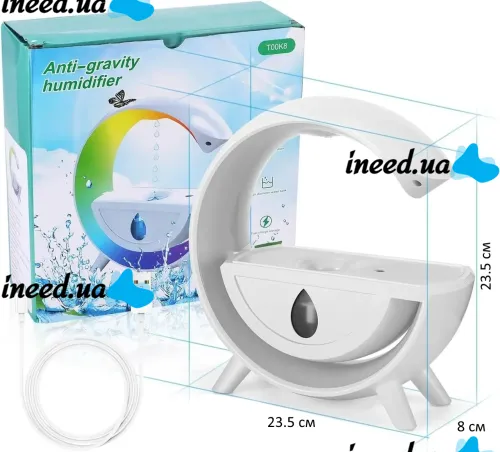 Антигравітаційний зволожувач повітря нічник Anti-Gravity Humidifier T00K8 з RGB підсвічуванням, Дифузор 350мл з крапельним ефектом від USB Білий