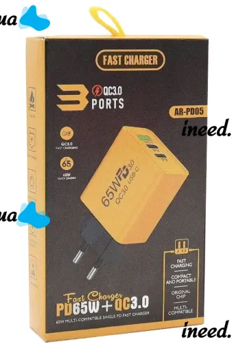 Сетевое зарядное устройство зарядка BauTech APD-60 65W USB 2Type-C блок питания адаптер с быстрой зарядкой для мобильного телефона GaN PD 65Вт Желтый