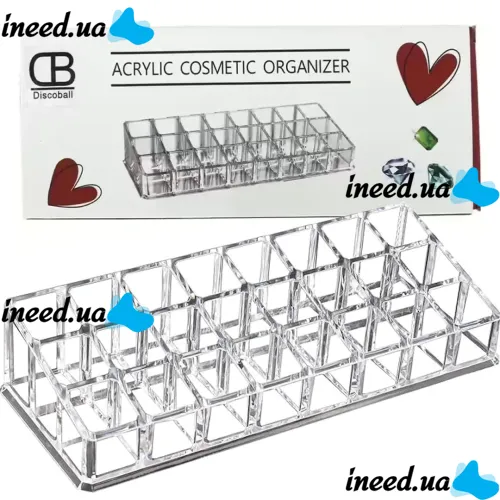 Універсальний акриловий органайзер підставка Lipstick Shelf на 24 комірки для зберігання косметики і помади Контейнер для макіяжу і дрібниць прозорий