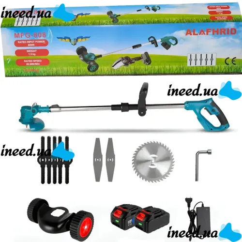 ALAFHRID MFG-809 48V 4Ah Power Tool Set Rechargeable Lawn Mower Trimmer with Wheels, Chain Saw 2 Batteries for Grass and bushes