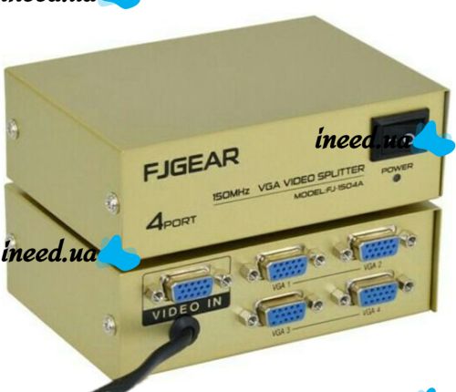 Спліттер VGA KV-FJ1504A Splitter, Комутатор 150MHz 4 Port Чотири порти з адаптером розгалужувач VGA