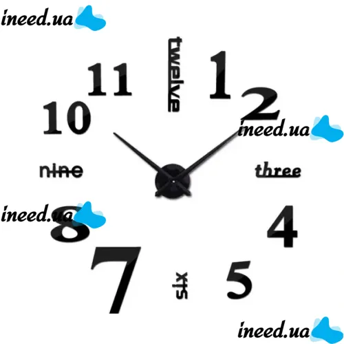 Великі 3D безшумні настінні годинники Diy Clock ZH01510 BLACK 90 см, Безкаракасні самоклеючі 3Д годинник цифри на стіну для дому, офісу чорні