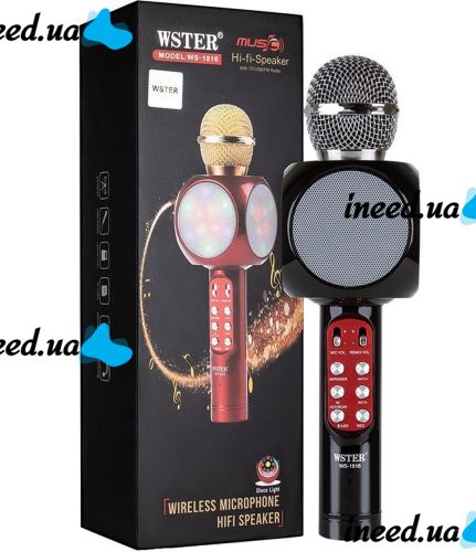 Беспроводной караоке микрофон WSTER WS-1816 Bluetooth USB AUX FM со встроенной колонкой и 4 тембрами голоса на аккумуляторе с динамиком WS1816 Черный