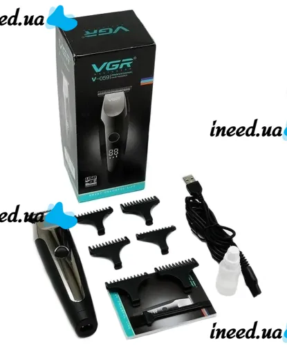 Wireless Men's VGR V-059 Hair Clipper with LED Display, Rechargeable Trimmer Razor for Edging Beard and Mustache with 6 Nozzles 5W