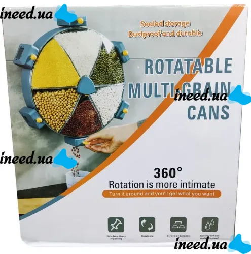 Настінний диспенсер карусель Rotatable Multi-Grain Cans для зберігання круп 6 відділень 360, що обертається органайзер сипучих продуктів з дозатором