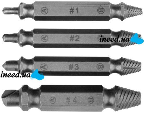A set of Easy Out Tool S2 bit extractors 4 pcs in a box, double-sided nozzles for unscrewing broken, licked screws and bolts on a screwdriver