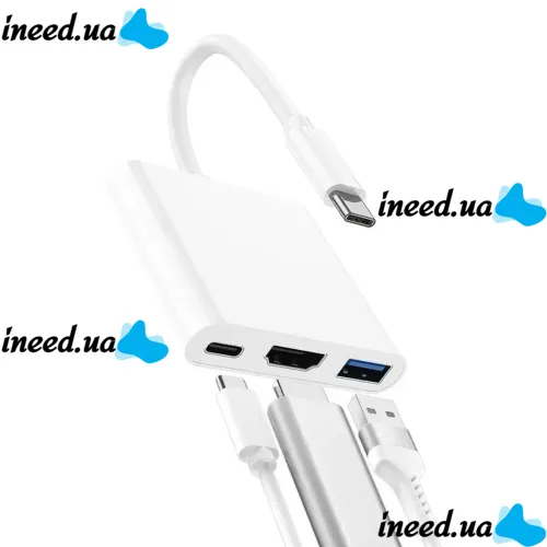 Кабель, адаптер, конвертер Buro Type-C на HDMI, USB 3.0, Type C, 3 в 1 концентратор для устройств с Type с портом, Переходник hub разветвитель белый