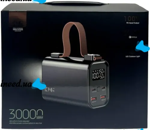 Portable Charger Power Bank KP KG-300 30000 mAh 100W with Flashlight, External Battery Powerbank 30000mAh USB Type-C with Handle Black