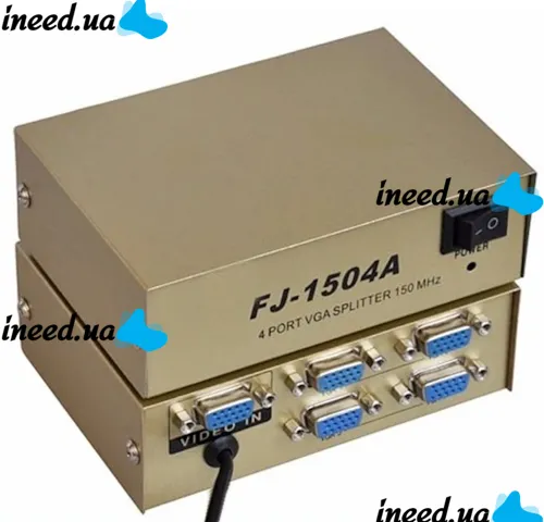 Спліттер VGA KV-FJ1504A Splitter, Комутатор 150MHz 4 Port Чотири порти з адаптером розгалужувач VGA
